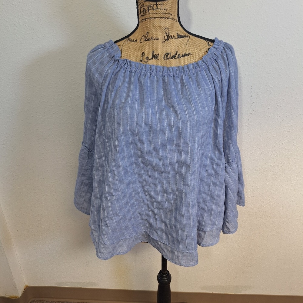 Westport Periwinkle Striped Peasant Blouse Size XL Off the Shoulder Flare Sleeve